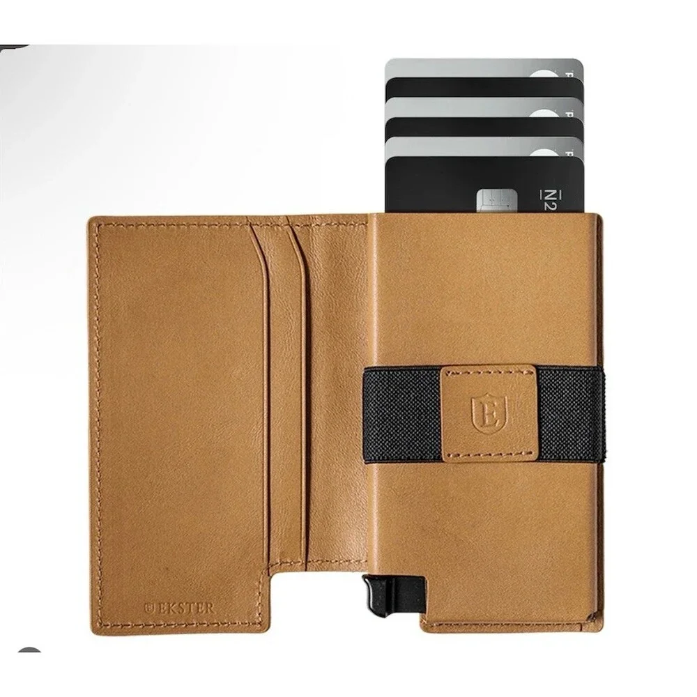 $99 Ekster Parliament RFID Slim Wallet Brown Pop-Up Cardholder Strap w/ gift Box